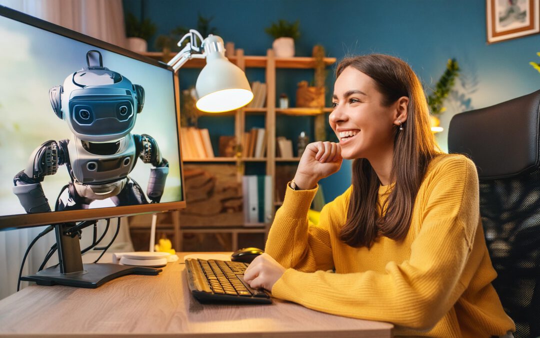 KI-generiertes Bild mit einer Frau vorm PC, auf dem Bildschirm ist ein Roboter zu sehen